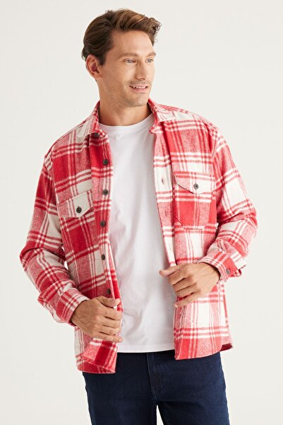 AC&Co / Altınyıldız Classics Men's Red Ecru Oversize Loose Cut Button Collar Checked Winter Shirt Jacket