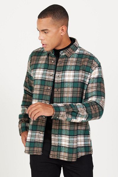 AC&Co / Altınyıldız Classics Ανδρικό χακί καφέ oversize χειμωνιάτικο μπουφάν με γιακά με καρό μοτίβο ξυλοκόπο