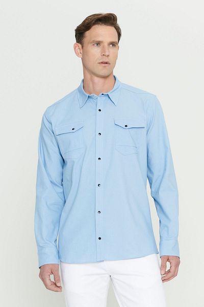 AC&Co / Altınyıldız Classics Cămașă din bumbac, cu guler clasic, slim fit, albastru gheață, pentru bărbați