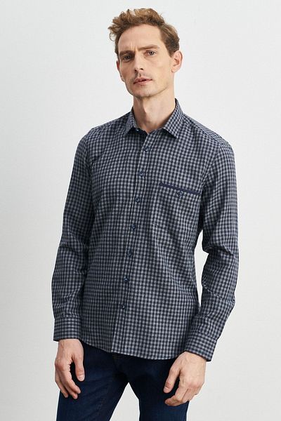 ALTINYILDIZ CLASSICS Marineblau-graues Slim-Fit-Holzfällerhemd aus Flanell mit Gingham-Kragen und Button-up-Kragen für Herren