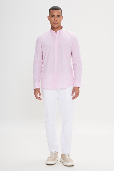 AC&Co / Altınyıldız Classics Ανδρικό Λευκό-Ροζ Slim Fit Slim Fit Κρυφό Κουμπί γιακά Βαμβακερό ριγέ πουκάμισο