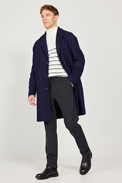 AC&Co / Altınyıldız Classics Men's Navy Blue Oversize Loose Cut Mono Collar Woolen Cuff Coat