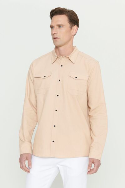 AC&Co / Altınyıldız Classics Férfi bézs Slim Fit Slim Fit klasszikus galléros pamut ing