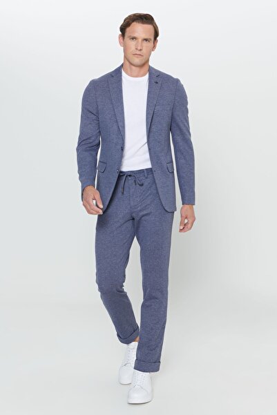 ALTINYILDIZ CLASSICS Slim Fit Dar Kesim Mono Yaka Desenli Beli Baglamali Lacivert-Beyaz Takim Elbise