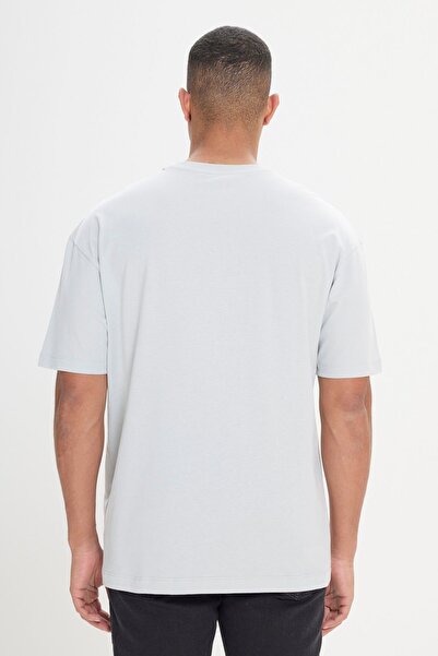 AC&Co / Altınyıldız Classics Ανδρικό μοτίβο σε γκρι σύννεφο - Μπλουζάκι με μακρύ φόρτο με λαιμόκοψη 100% βαμβάκι