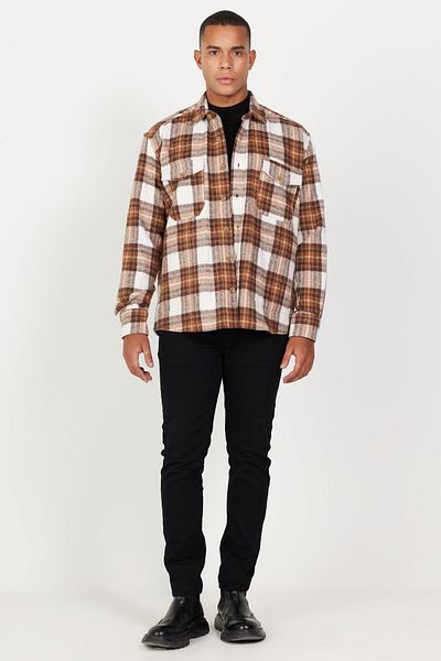AC&Co / Altınyıldız Classics Ανδρικό εκρού καφέ Oversize Χειμερινό μπουφάν πουκάμισο ξυλοκόπο με καρό σχέδιο με γιακά με χαλαρό κουμπί