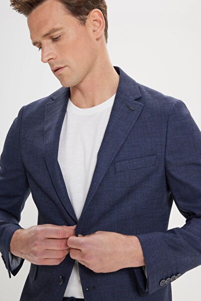 ALTINYILDIZ CLASSICS Erkek Lacivert Slim Fit Dar Kesim Mono Yaka Armürlü Blazer Ceket