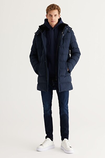 ALTINYILDIZ CLASSICS Men's Navy Blue Standard Fit Regular Cut Hooded Coat
