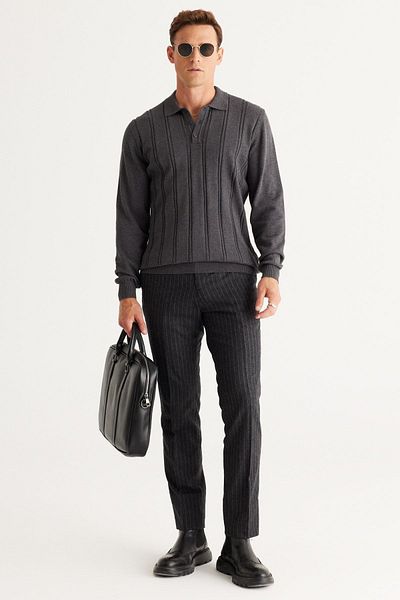 AC&Co / Altınyıldız Classics Men's Anthracite Melange Slim Fit Slim Fit Polo Collar Cotton Patterned Knitwear Sweater