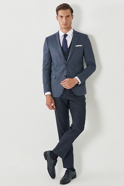 ALTINYILDIZ CLASSICS Ανδρικό μπλε Navy Slim Fit στενό κόψιμο μονό γιακά κλασικό κοστούμι με γιλέκο Dobby