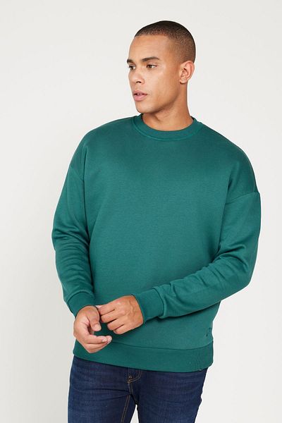 AC&Co / Altınyıldız Classics Pánská tmavě zelená oversize bavlněná mikina – fleece, kulatý výstřih, 3 vlákna