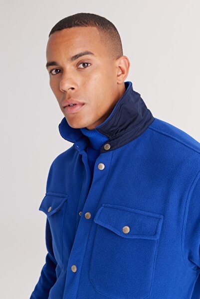 AC&Co / Altınyıldız Classics Saks-Marineblaue Standard-Fit-Fleecejacke für Herren mit normalem Schnitt und Hemdkragen und Tasche