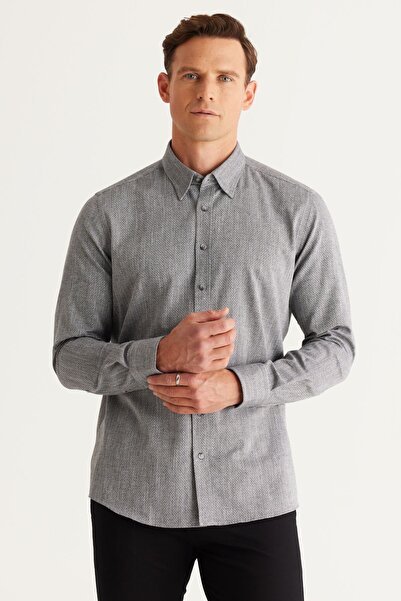 ALTINYILDIZ CLASSICS Erkek Siyah Slim Fit Dar Kesim Gizli Düğmeli Yaka Pamuklu Armürlü Gömlek