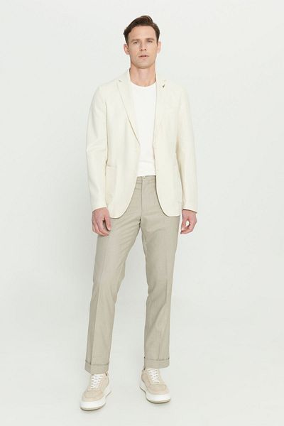 AC&Co / Altınyıldız Classics Men's Beige Slim Fit Slim Fit Linen Mono Collar Blazer Jacket with Bag Pocket