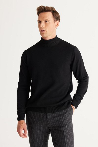 ALTINYILDIZ CLASSICS Schwarzer Herrenpullover aus Baumwollstrick – halber Rollkragen, Standardpassform