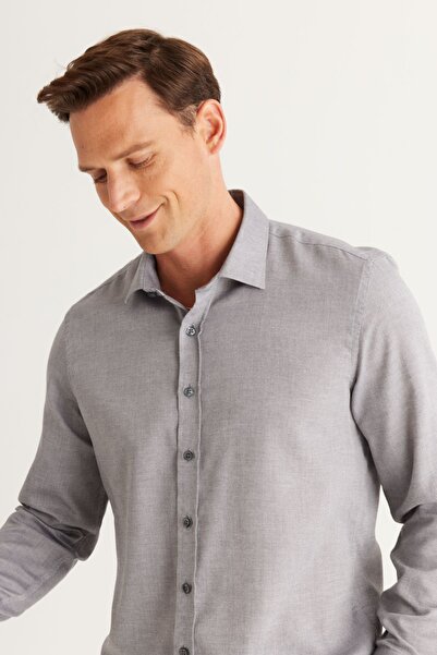 ALTINYILDIZ CLASSICS Men's Gray Slim Fit Narrow Cut Classic Collar Cotton Dobby Shirt