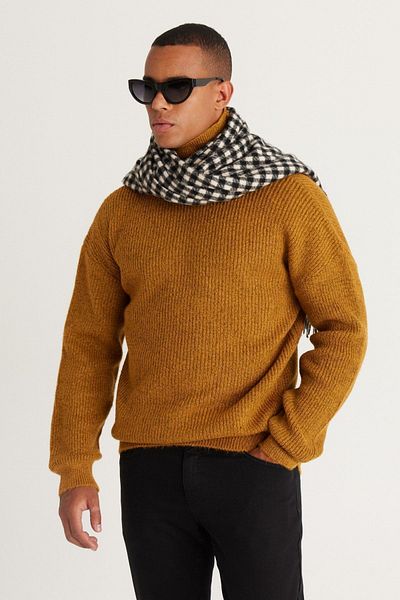 AC&Co / Altınyıldız Classics Senfgelber, übergroßer, locker geschnittener Rollkragenpullover mit gemustertem Schal und weichem, strukturiertem Strickpullover für Herren