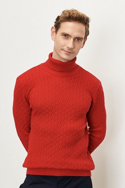 ALTINYILDIZ CLASSICS Men's Red Standard Fit Regular Cut Full Turtleneck Knitwear Sweater