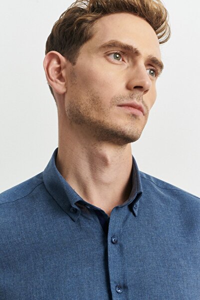 ALTINYILDIZ CLASSICS Men's Indigo Slim Fit Slim Fit Button Collar Flannel Lumberjack Shirt