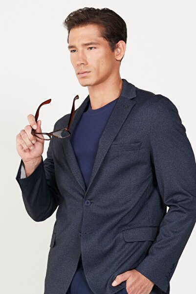ALTINYILDIZ CLASSICS Erkek Lacivert Slim Fit Dar Kesim Mono Yaka Baskılı Blazer Ceket