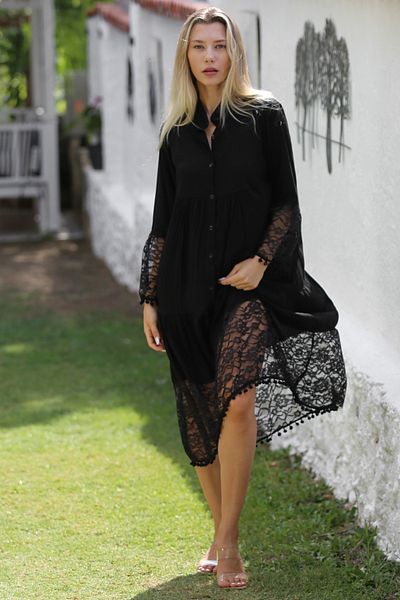 Chiccy Richter Collar Black Lace 3/4 Sleeve Casual Dress