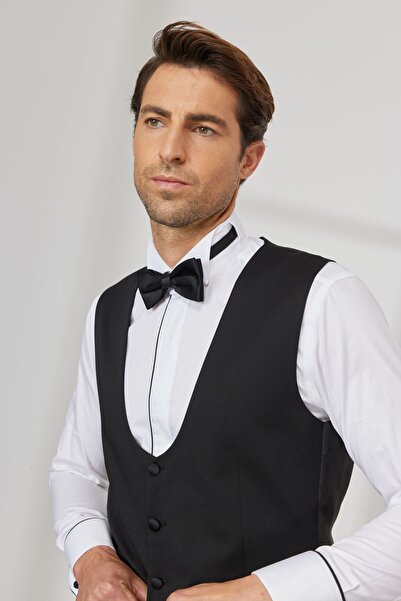 ALTINYILDIZ CLASSICS Erkek Siyah Slim Fit Dar Kesim U Yaka Desenli Klasik Yelek