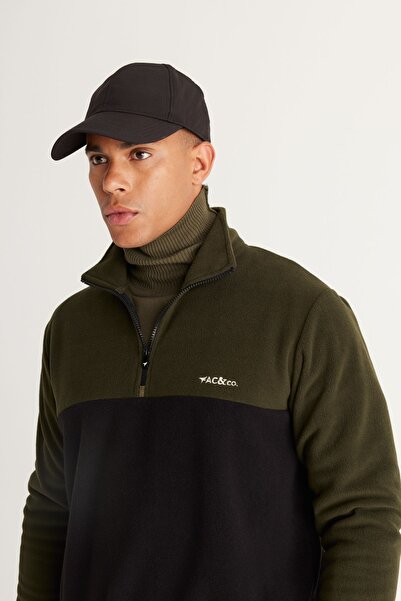 AC&Co / Altınyıldız Classics Khaki-schwarzes Standard-Fit-Fleece-Sweatshirt mit normalem Schnitt und gemustertem Bato-Kragen für Herren