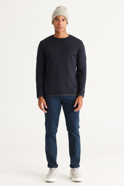 AC&Co / Altınyıldız Classics Herren-Strickpullover aus Baumwolle mit Rundhalsausschnitt, Standard-Passform und normaler Schnitt, Marineblau-Khaki