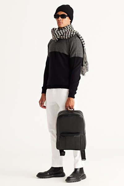 AC&Co / Altınyıldız Classics Erkek Antrasit-siyah Standart Fit Normal Kesim Bisiklet Yaka Colorblok Desenli Triko Kazak