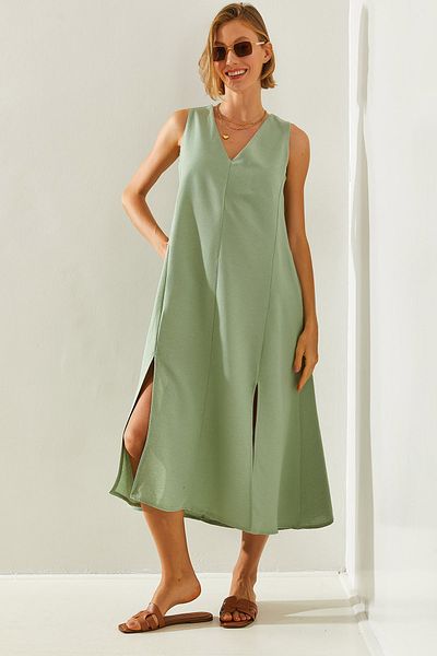 Bianco Lucci V-Neck Slit Linen Fr033 Basic Dress - Pocketed,60251435