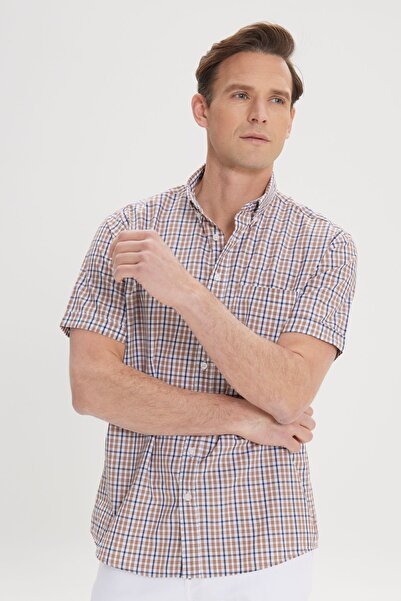 AC&Co / Altınyıldız Classics White-Coffee Men's Cotton Shirt - Comfort Fit, Button Collar, Short Sleeve, Checkered Design