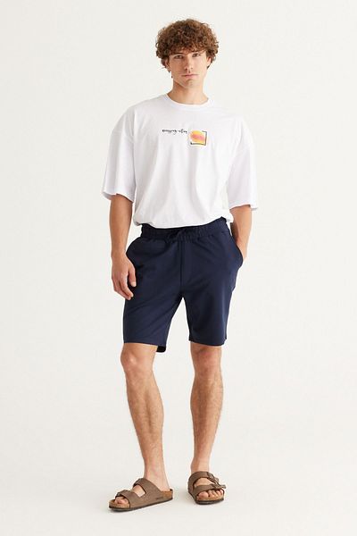 ALTINYILDIZ CLASSICS Pantaloni scurți tricotați din bumbac cu croială normală, albastru marin, cu buzunare, pentru bărbați