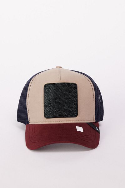 AC&Co / Altınyıldız Classics Men's Claret Red-Navy Blue 100% Cotton Color Block Hat with Changeable Stickers