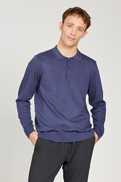 ALTINYILDIZ CLASSICS Pánský úpletový svetr s pololímečkem s límečkem Indigo Standard Fit Regular Cut