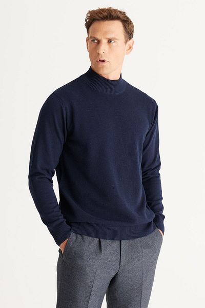 ALTINYILDIZ CLASSICS Ανδρικό πλεκτό πουλόβερ Navy Blue - Standard Fit, μισό ζιβάγκο, βαμβακερό