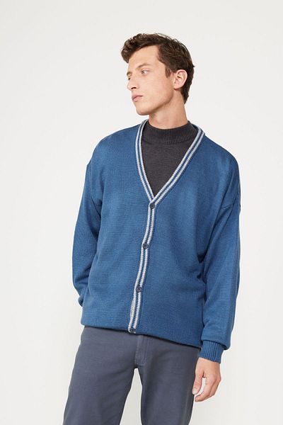 AC&Co / Altınyıldız Classics Férfi INDIGO-GREY MELANJ Standard Fit normál szabású V-nyakú kötöttáru kardigán