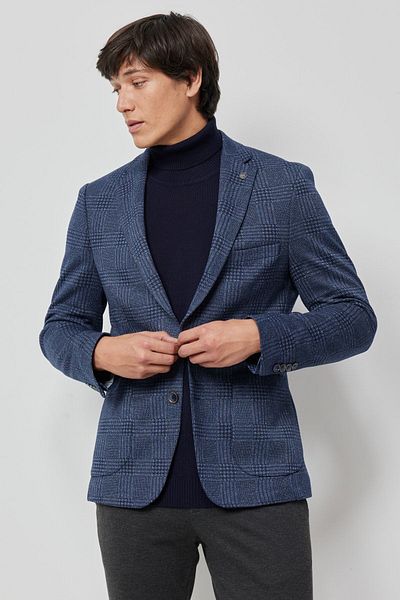ALTINYILDIZ CLASSICS Ανδρικό καρό μπουφάν Navy Blue-White Slim Fit Slim Fit Mono Collar