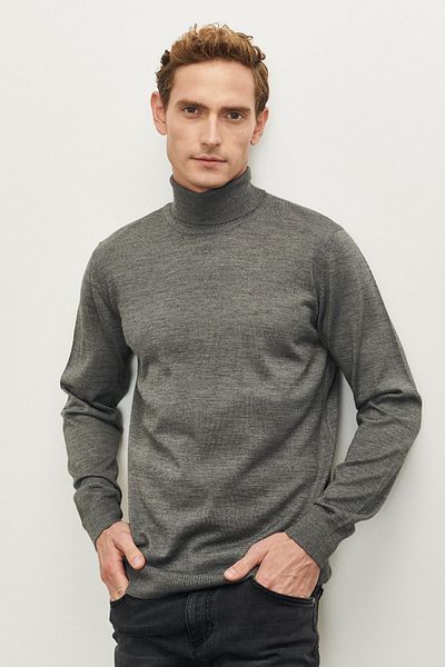 ALTINYILDIZ CLASSICS Men's Gray Melange Non-Pilling, Anti-Pilling Featured Standard Fit Full Turtleneck Knitwear Sweater