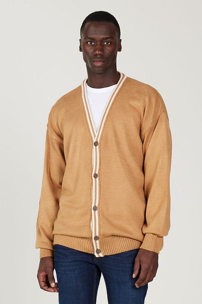 AC&Co / Altınyıldız Classics Herren CARAMEL-EKRU Strickjacke mit V-Ausschnitt, Standard-Passform, normaler Schnitt