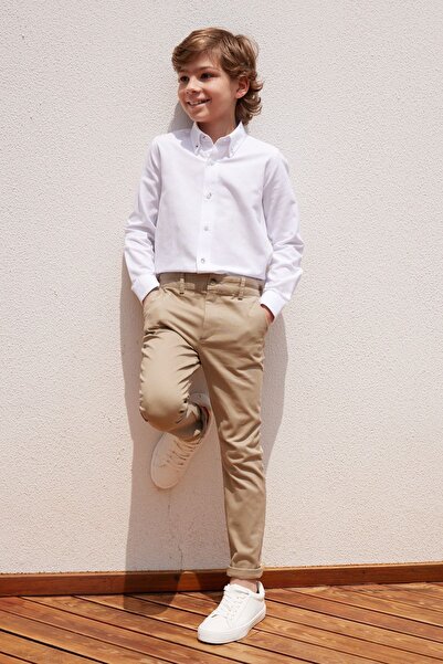 ALTINYILDIZ CLASSICS Bej Slim Fit Dar Kesim Yan Cepli Pamuklu Esnek Çocuk Chino Pantolon