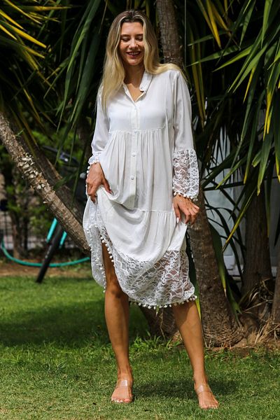Chiccy Rochie Casual Albă din Dantela - Guler Richter, Maneca 3/4, Nasturi