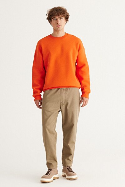 AC&Co / Altınyıldız Classics Men's Orange Oversize Loose Cut 3 Thread Crew Neck Cotton Sweatshirt with Fleece Inside