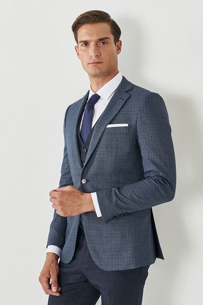 ALTINYILDIZ CLASSICS Ανδρικό μπλε Navy Slim Fit στενό κόψιμο μονό γιακά κλασικό κοστούμι με γιλέκο Dobby