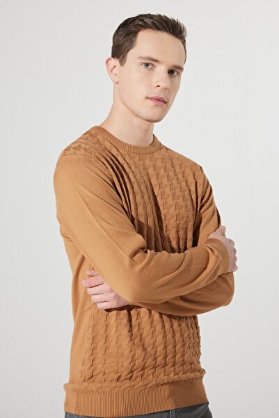 ALTINYILDIZ CLASSICS Πλεκτό πουλόβερ ανδρικού βιζόν, χωρίς κουκούτσια, κανονική κοπή με λαιμόκοψη Dobby