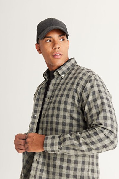 ALTINYILDIZ CLASSICS Men's Anthracite-Green Comfort Fit Relaxed Cut Buttoned Collar Checked Shirt