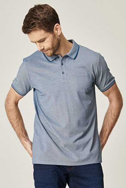 AC&Co / Altınyıldız Classics Pánské nezatahovací bavlněné tričko Comfort Fit Uvolněný střih Indigobílé tričko Polo s výstřihem bez zvlnění