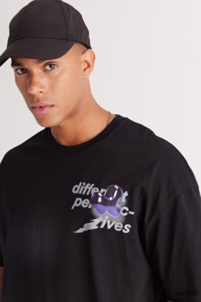 AC&Co / Altınyıldız Classics Ανδρικό μπλουζάκι με εμπριμέ 100% βαμβάκι, μαύρο oversize, χαλαρή λαιμόκοψη