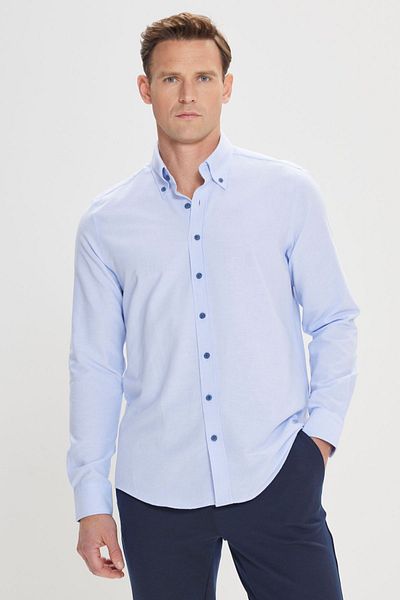 AC&Co / Altınyıldız Classics Cămașă Oxford pentru bărbați, albastru deschis, cu guler cu nasturi