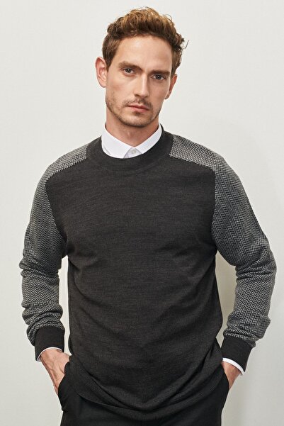 ALTINYILDIZ CLASSICS Pulover pentru bărbați, antracit, cu croială normală, cu jumătate de gât țesut, tricotaj jacquard