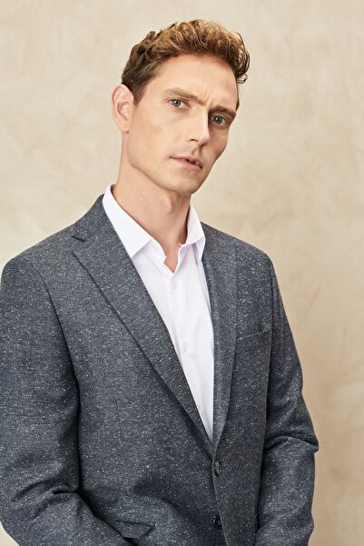 ALTINYILDIZ CLASSICS Erkek Antrasit Slim Fit Dar Kesim Mono Yaka Tweet Desenli Yünlü Takım Elbise